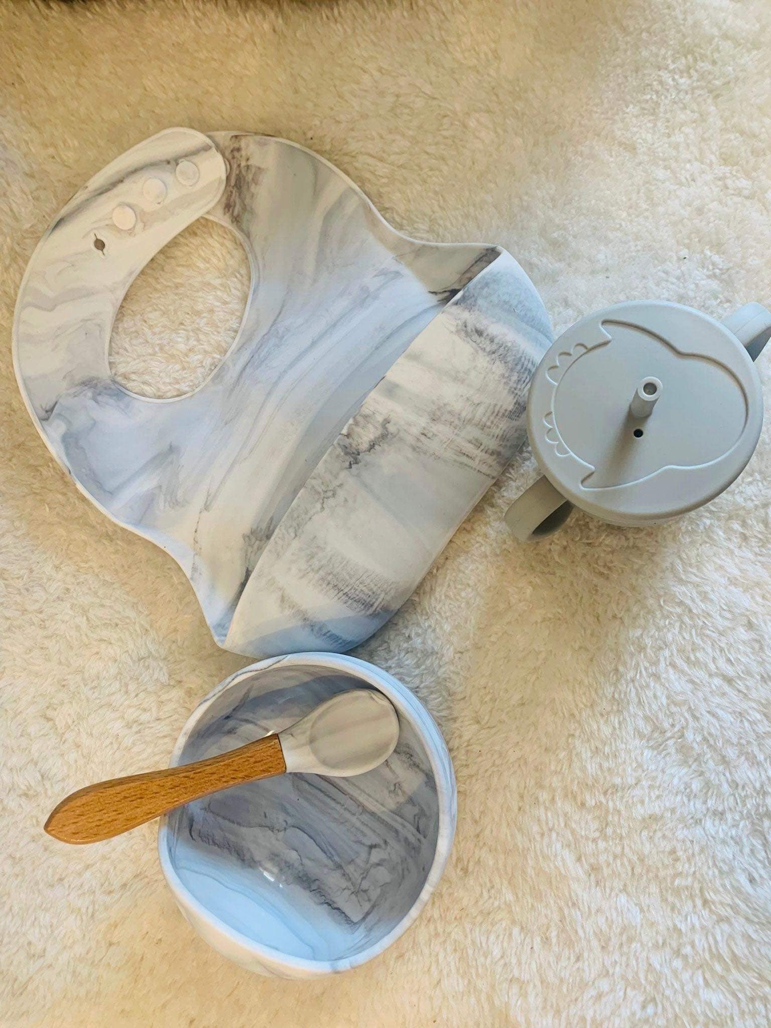 Marble Bib, Curve Suction Bowl & Wooden Spoon