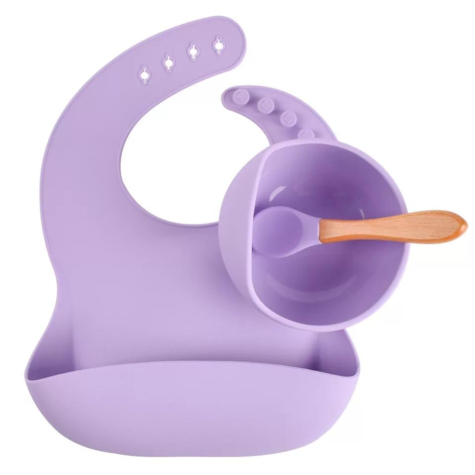 Lavender Bib, Curve Suction Bowl & Wooden Spoon