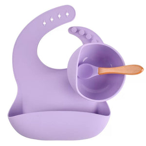 Lavender Bib, Curve Suction Bowl & Wooden Spoon