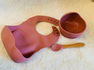 Maroon Bib, Curve Suction Bowl & Wooden Spoon