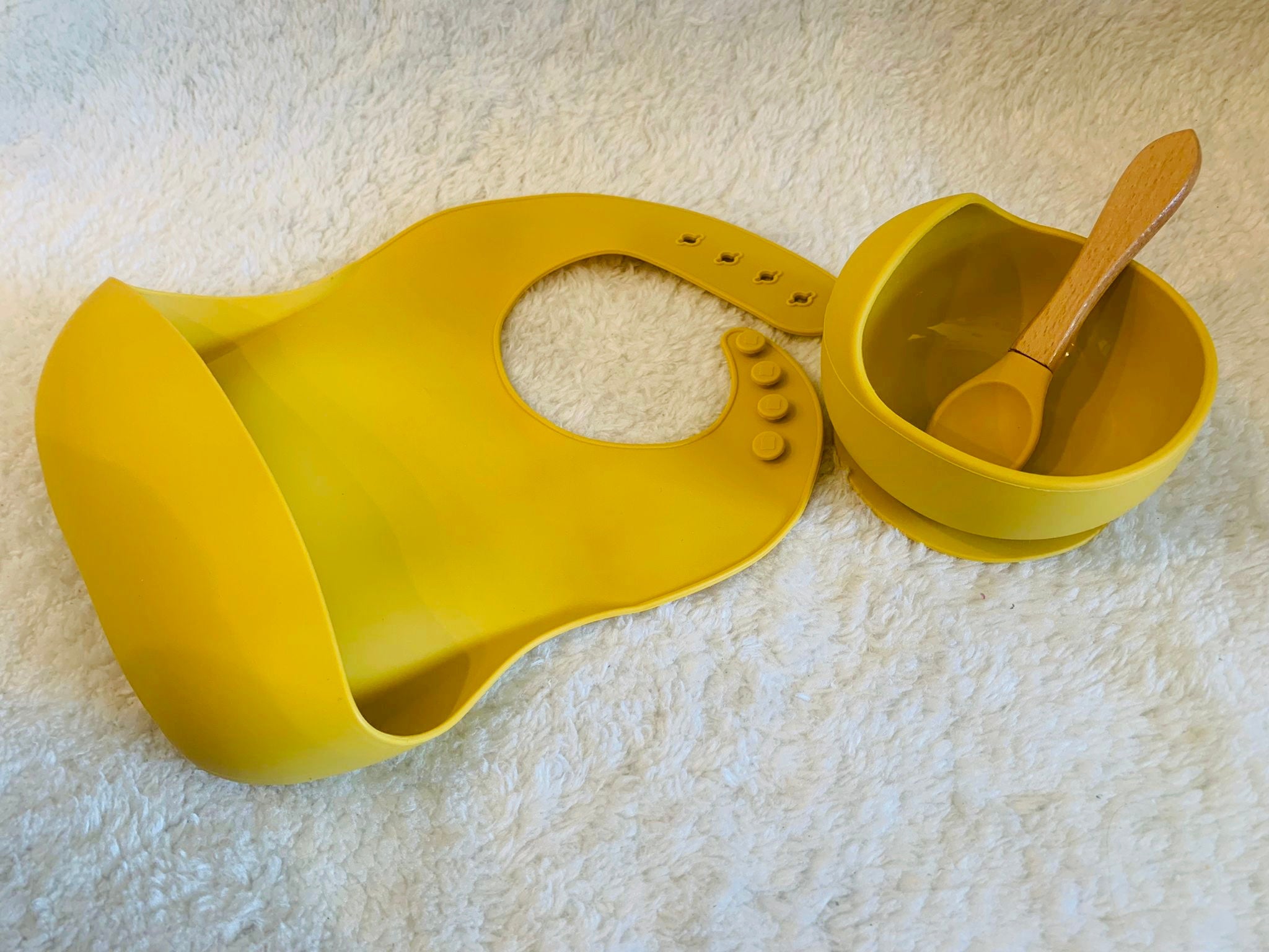 Mustard Bib, Curve Suction Bowl & Wooden Spoon