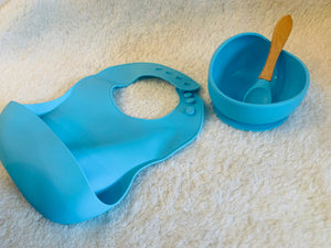 Sky Blue, Curve Suction Bowl & Wooden Spoon